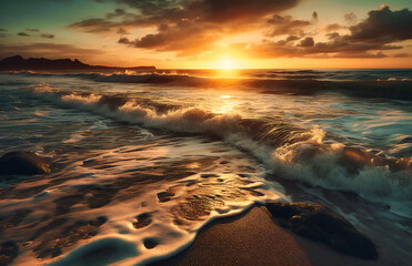  a sunset over a beach with waves
