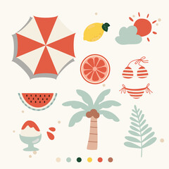 Wall Mural - hand drawn vector illustration of summer holiday vibe sticker pack. Cute vacation elements doodle