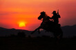 Silhouette of cowboy on horseback and sunset as background