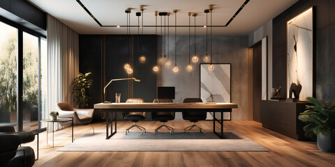 modern office with wood floor and light grey walls