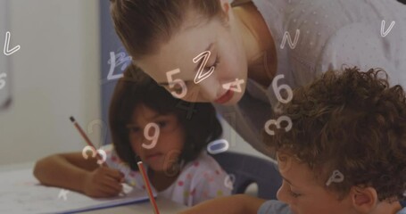 Sticker - Animation of changing numbers and multiple letters over diverse female teacher helping students