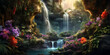 Illustration eines idyllischen Wasserfalls im Postkartenstil KI