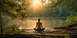 canvas print picture - sitzende Yoga Pose rücklings mit Blick auf Berge, Wasser und Bäume KI