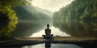 canvas print picture - sitzende Yoga Pose rücklings mit Blick auf Berge, Wasser und Bäume KI
