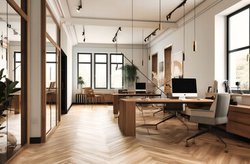 Wall Mural - modern office with white walls and wooden desks