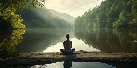 sitzende yoga pose rücklings mit blick auf berge, wasser und bäume ki