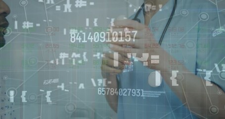 Sticker - Animation of changing numbers, symbols, connected dots, diverse doctor explaining patient