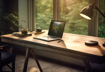 an office desk with a laptop on it