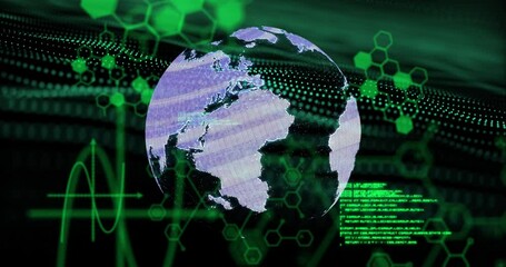 Animation of globe with programming language and molecule structure over data connection wave