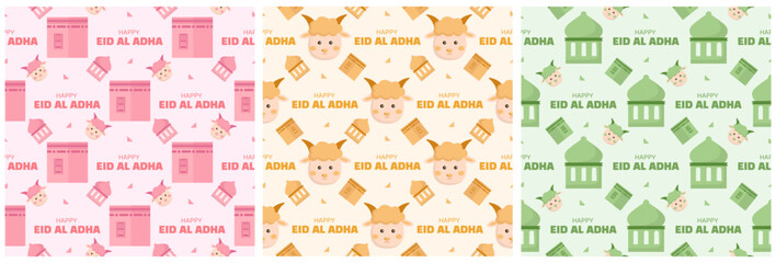 Wall Mural - Set of Happy Eid Al Adha Mubarak Seamless Pattern of Muslims Celebration with Sacrificial Animals in Template Hand Drawn Cartoon Flat Illustration