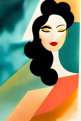 Poster - Art nouveau abstract portrait of a woman with closed eyes, painting illustration. Generative AI