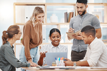 Leinwandbilder - Laptop, coaching and a business woman talking to her team in the boardroom for planning or strategy. Collaboration, meeting and presentation with a female employee training an employee group at work
