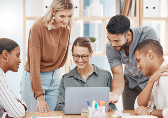 Canvas Print - Laptop, presentation and a business woman talking to her team in the boardroom for planning or strategy. Collaboration, coaching and meeting with a female employee training an employee group at work