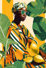 Wall Mural - Summer exotic portrait of young beautiful girl enjoying tropical fruit, fashion concept with fresh refreshing, delicious melon. Illustration. Generative AI.