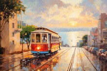 Retro Cable Car Tram In Sunset City Street, San Francisco Bay And Sunset In Background. Generative Ai Vintage Painting Illustration.