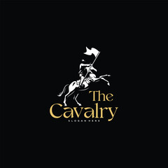 cavalry logo, with man, flag and horse vector design inspiration