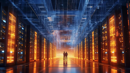 Digital graphics Futuristic 3D Concept, Big Data Center, Warehouse, Information Digitalization Lines, technology and data, Generative AI.	