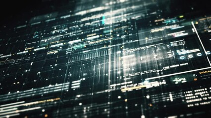 Advance data matrix, telemetry and encrypt numbers simulation user interface display in cyber space abstract de-focus environment background