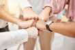 © M Einero/peopleimages.com - Fist bump, teamwork and group of people for collaboration, challenge and support, team building game or startup goals. Circle of friends with strong, cooperation and integration hands sign for power