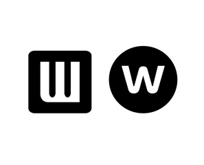 A white letter W logo on a background of black squares and circles, as well as isolated A-Z letter logos on a black squares and circles background.