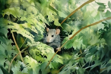 Wall Mural - The agile rat scurries through dense foliage, its tiny feet navigating with ease. Watercolor painting. Generative AI