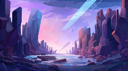 Wall Mural - Stone ruins, space, stars, game background illustration