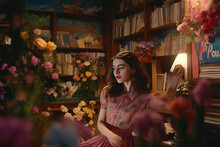  Young Woman Working In A Vintage Bookstore With Many Flowers
