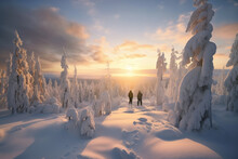 Hikers Enjoying A Sunset In The Winter Landscape Of A Snow Covered Forest