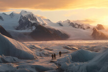 Hikers Overlooking An Arctic Iceberg And Glacier Panorama With Mountains In The Background At Sunset