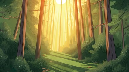 Wall Mural - Background sunbeams through the forest. Illustration set against an abstract background in a banner design, portraying the ethereal beauty of sunbeams shining through a lush forest. Generative AI.