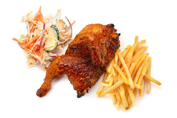 Half chicken tobacco with pile of french fries and and cabbage coleslaw on white background