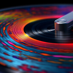Aufkleber -  A close-up photograph of a vinyl record spinning on a turntable, capturing the grooves and texture of the record surface.  Generative AI technology.