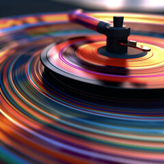 Wall Mural -  A close-up photograph of a vinyl record spinning on a turntable, capturing the grooves and texture of the record surface.  Generative AI technology.