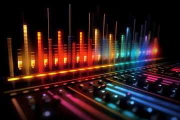 Aufkleber -  A digital equalizer display with moving bars and pulsating lights, representing the audio frequencies and intensity of a sound system.  Generative AI technology.