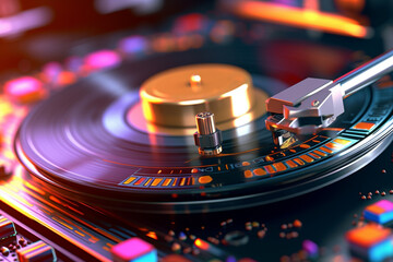 Fototapete -  A close-up shot of a DJ's turntable, capturing the intricate details of vinyl spinning and needle touching the record.  Generative AI technology.