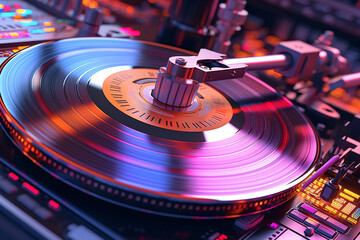 Wall Mural -  A close-up shot of a DJ's turntable, capturing the intricate details of vinyl spinning and needle touching the record.  Generative AI technology.