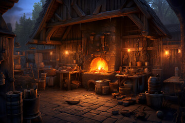 Fototapete -  An image of a blacksmith's workshop at dusk, with glowing embers and the warm glow of fire, creating a visually striking ambiance.  Generative AI technology.