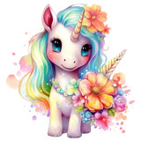 Cute unicorn with flowers and butterflies isolated on a white background Watercolor illustration, AI Generative
