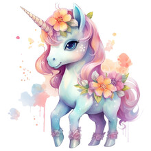 Cute Unicorn With Flowers And Butterflies Isolated On A White Background Watercolor Illustration, AI Generative