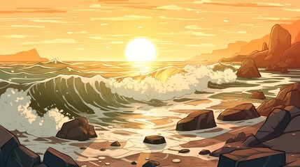 Wall Mural - Background stony beach and sunset. The mesmerizing beauty of a stony beach at sunset in an illustration featured in a banner design with an abstract background. Generative AI.