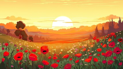 Wall Mural - background meadow with poppies. the charm of a meadow filled with colorful poppies in a captivating 