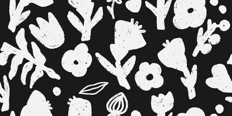 Trendy, modern floral pattern. Grunge, shabby elements texture. Vector seamless pattern. For print, design, wallpaper, fabric, paper, etc.
