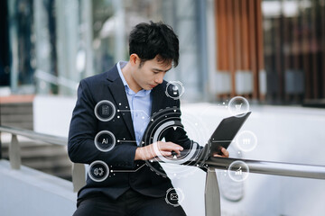 Wall Mural - coding software developer work with augmented reality dashboard computer icons with responsive cyber