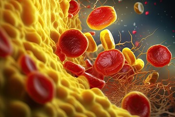 Illustration showing erythrocytes and cholesterol cells in blood vessel Generative AI