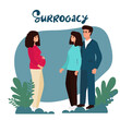 © Yuliia - Couple with Surrogate Pregnant woman. Vector illustration flat cartoon style with hand drawn lettering. Adoptive parents. Surrogacy. EPS10.