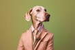 Beautiful hunting dog wearing a men suit, a shirt and a tie in pastel colors. Surreal design for pet shop or men fashion boutique ad. Illustration. Generative AI
