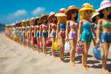 Plastic toys dolls in colorful summer clothes and sun hats going to the sandy beach neatly aligned. Minimal cute concept for summer holidays. Illustration. Generative AI,