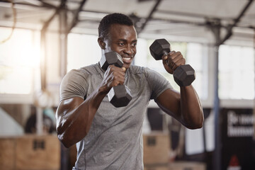 Poster - Dumbbells, exercise and a happy black man at gym for fitness, training workout and strong muscle. African athlete or bodybuilder person with weights for power, biceps and focus at a wellness club