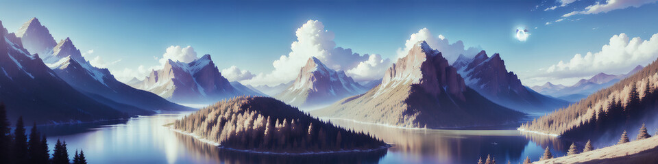 Poster - A Mountain Landscape with a Surrounding Lake. Trees and Rocks. Generative AI