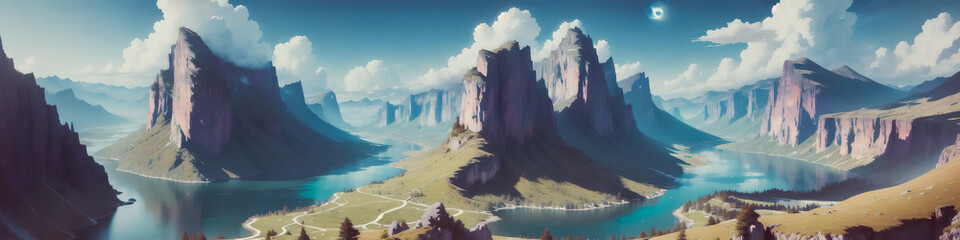 Wall Mural - A Mountain Landscape with a Surrounding Lake. Trees and Rocks. Generative AI